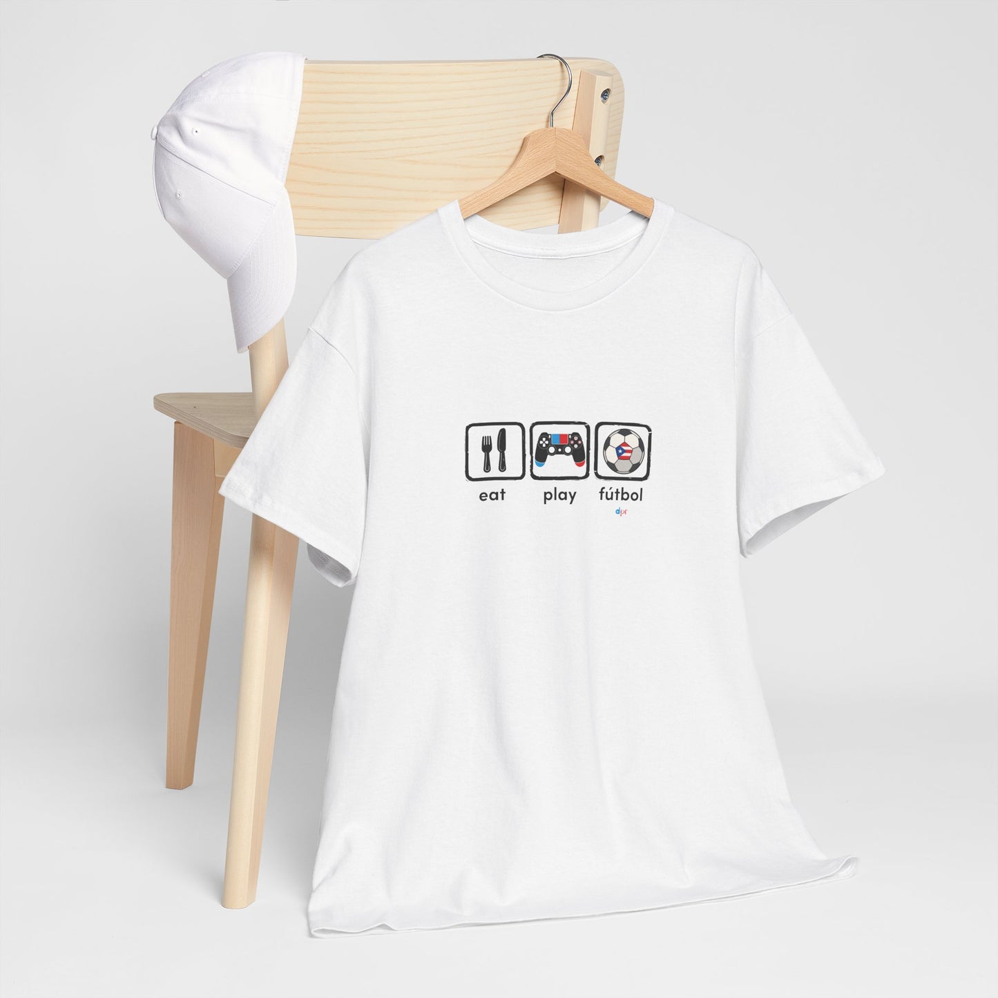 Eat Play Fútbol Graphic Tee | Puerto Rican Flag Soccer Shirt | Unisex Heavy Cotton T-Shirt