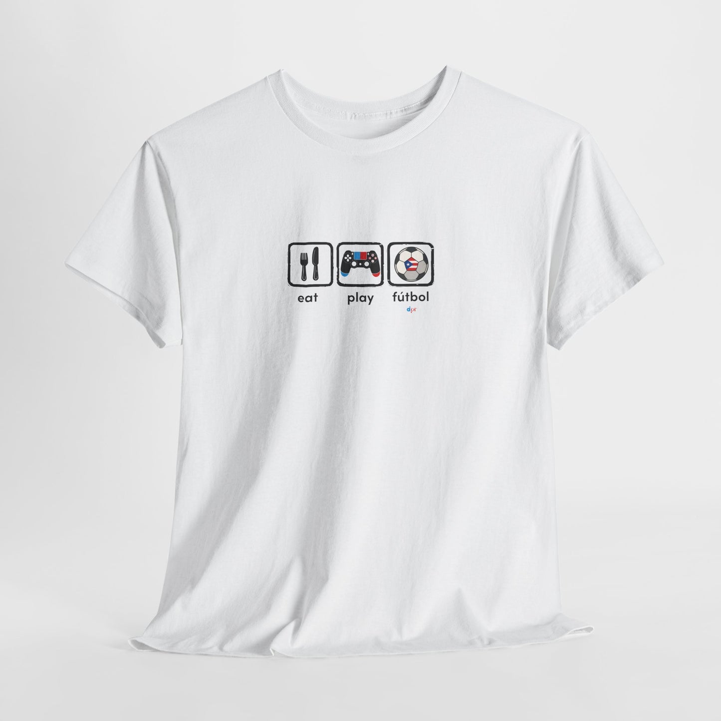 Eat Play Fútbol Graphic Tee | Puerto Rican Flag Soccer Shirt | Unisex Heavy Cotton T-Shirt