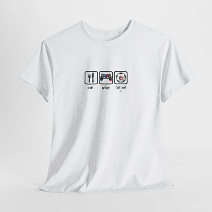 Eat Play Fútbol Graphic Tee | Puerto Rican Flag Soccer Shirt | Unisex Heavy Cotton T-Shirt