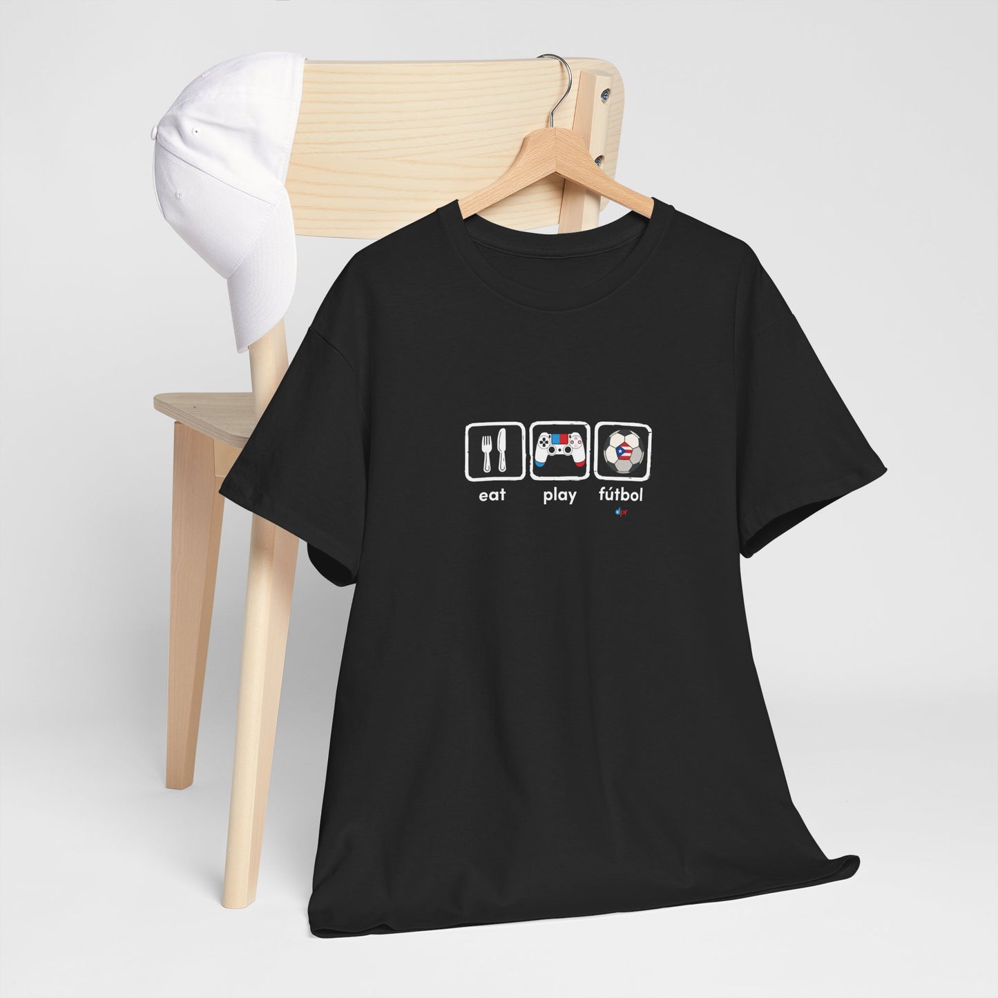 Eat Play Fútbol Graphic Tee | Puerto Rican Flag Soccer Shirt | Unisex Heavy Cotton T-Shirt