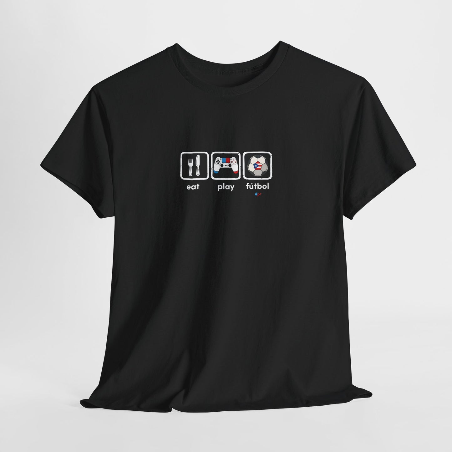 Eat Play Fútbol Graphic Tee | Puerto Rican Flag Soccer Shirt | Unisex Heavy Cotton T-Shirt