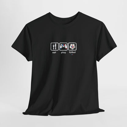 Eat Play Fútbol Graphic Tee | Puerto Rican Flag Soccer Shirt | Unisex Heavy Cotton T-Shirt