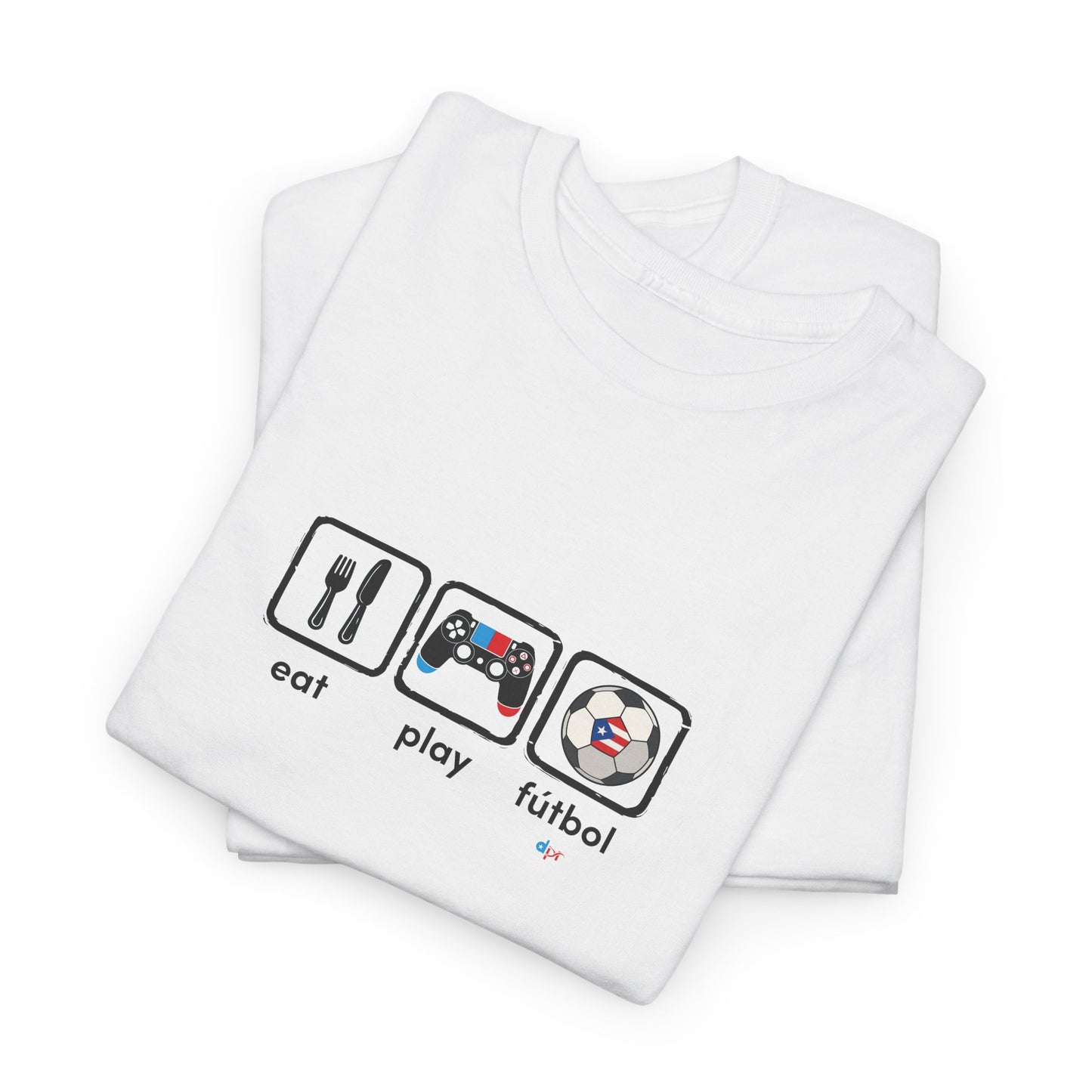 Eat Play Fútbol Graphic Tee | Puerto Rican Flag Soccer Shirt | Unisex Heavy Cotton T-Shirt