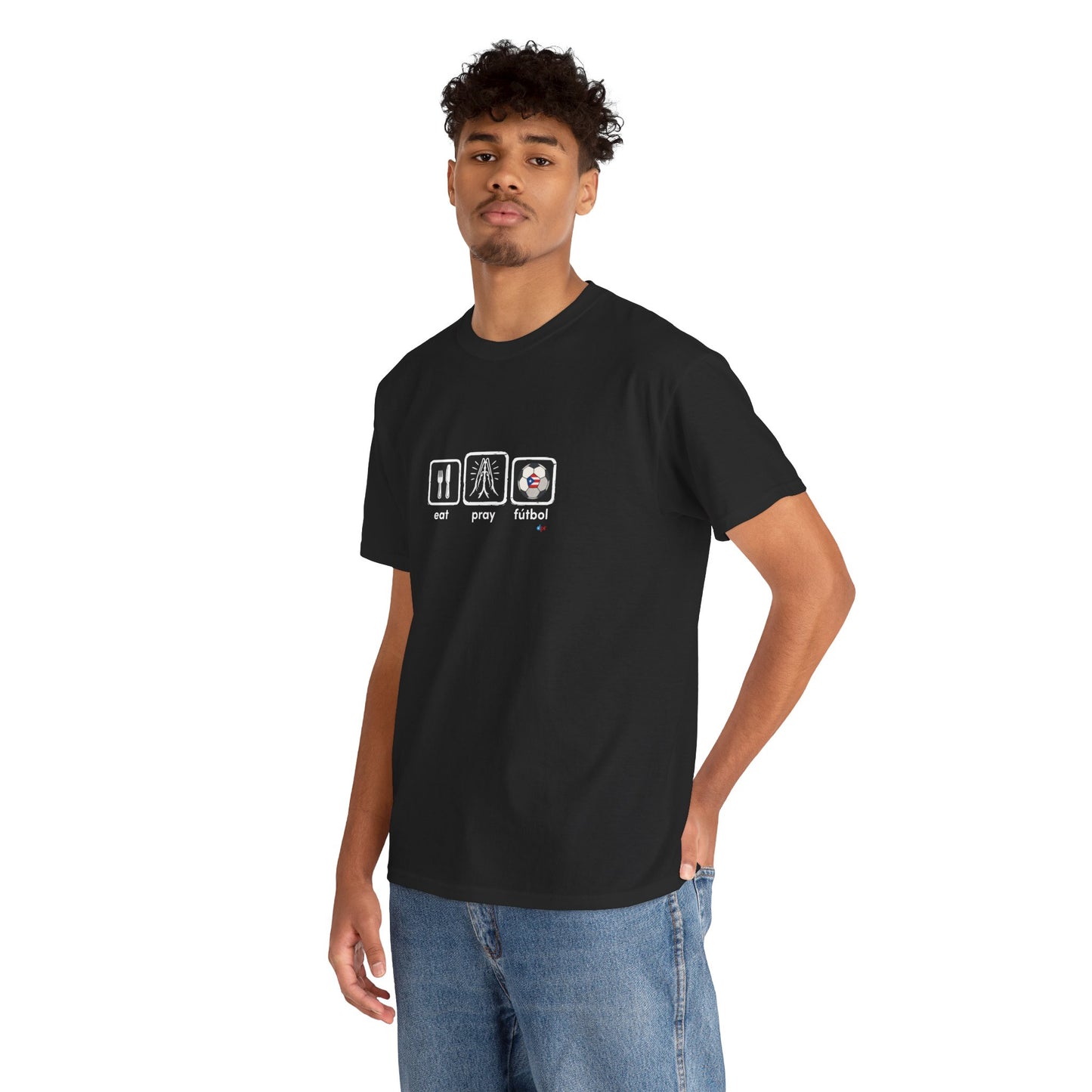 Eat Play Fútbol Graphic Tee | Puerto Rican Flag Soccer Shirt | Unisex Heavy Cotton T-Shirt