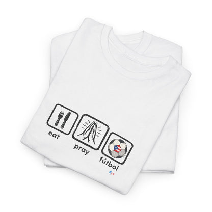Eat Play Fútbol Graphic Tee | Puerto Rican Flag Soccer Shirt | Unisex Heavy Cotton T-Shirt