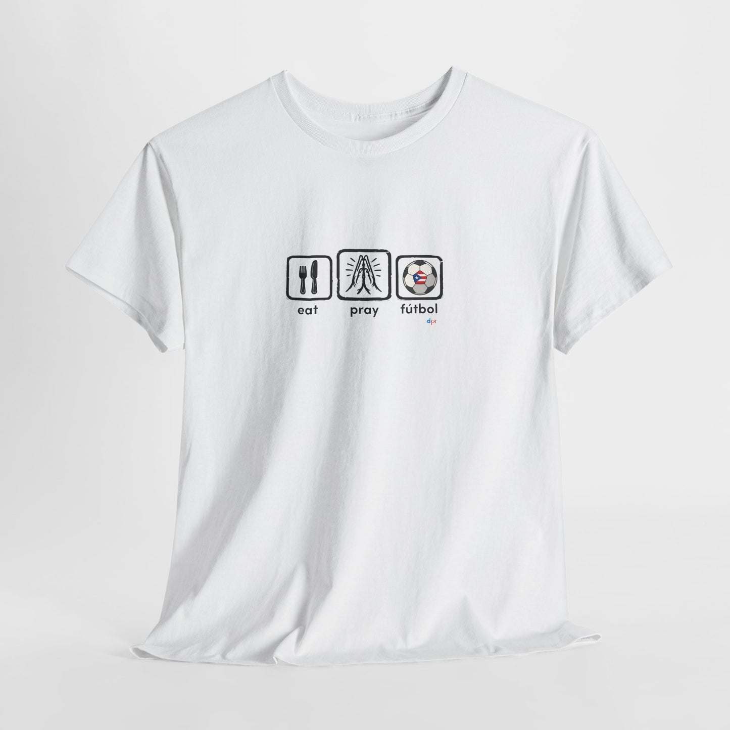 Eat Play Fútbol Graphic Tee | Puerto Rican Flag Soccer Shirt | Unisex Heavy Cotton T-Shirt