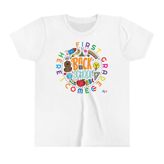 First Grade Here I Come Back to Shool Boricua Youth Short Sleeve Tee