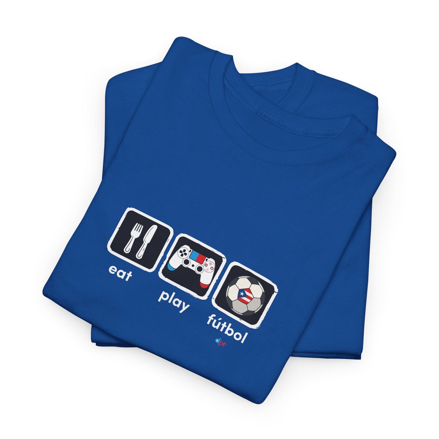 Eat Play Fútbol Graphic Tee | Puerto Rican Flag Soccer Shirt | Unisex Heavy Cotton T-Shirt