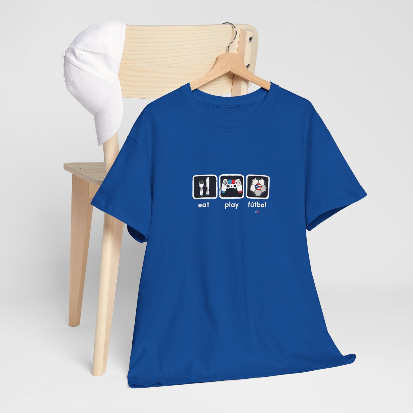 Eat Play Fútbol Graphic Tee | Puerto Rican Flag Soccer Shirt | Unisex Heavy Cotton T-Shirt