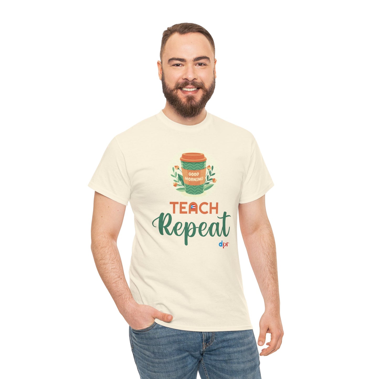 Coffee Teach Repeat - Back to School Boricua Teacher Heavy Cotton Tee