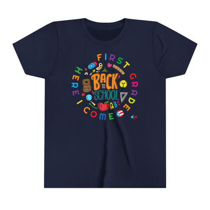 First Grade Here I Come Back to Shool Boricua Youth Short Sleeve Tee