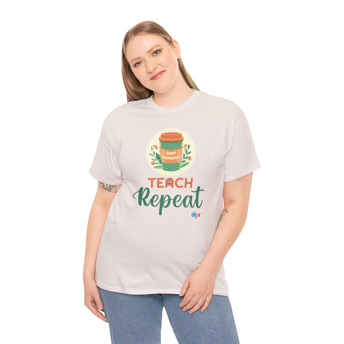 Coffee Teach Repeat - Back to School Boricua Teacher Heavy Cotton Tee
