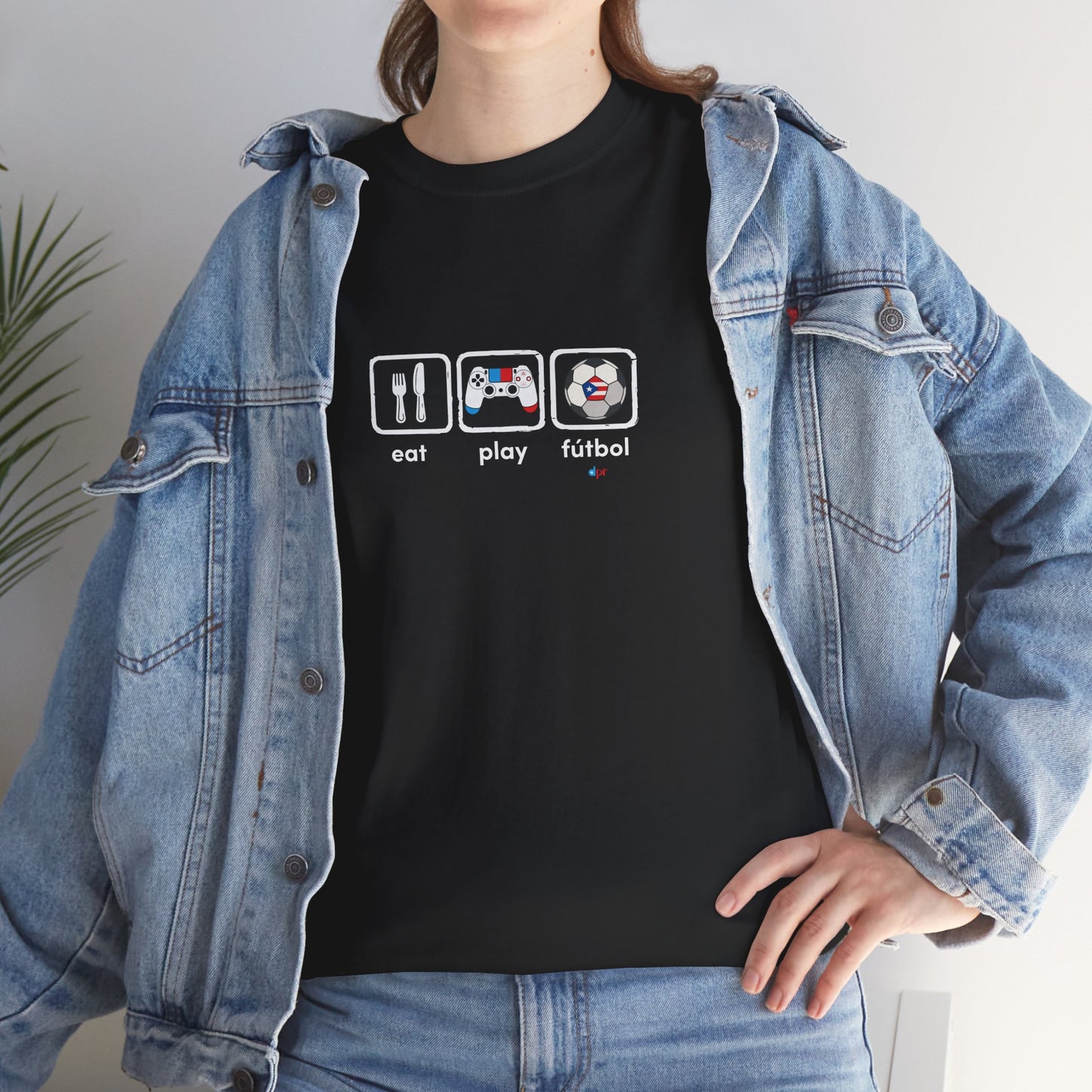 Eat Play Fútbol Graphic Tee | Puerto Rican Flag Soccer Shirt | Unisex Heavy Cotton T-Shirt