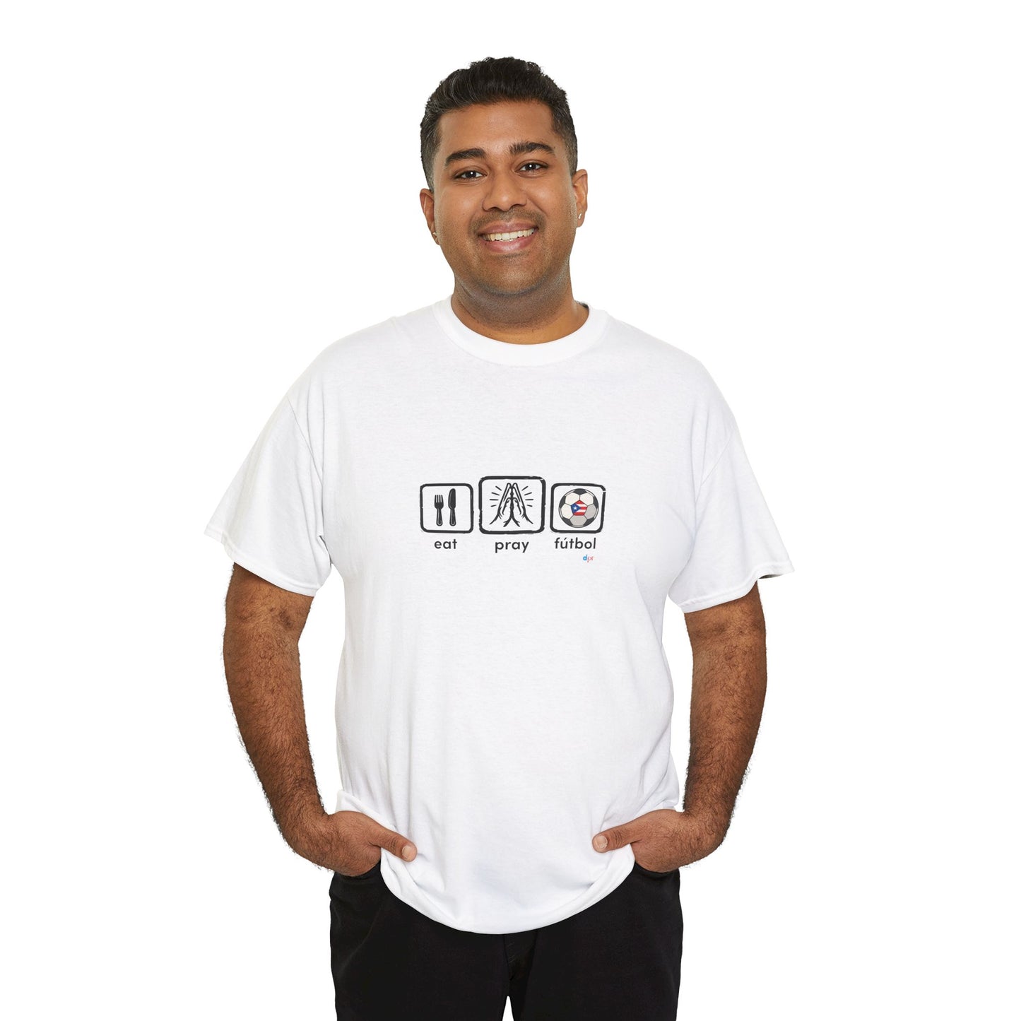 Eat Play Fútbol Graphic Tee | Puerto Rican Flag Soccer Shirt | Unisex Heavy Cotton T-Shirt