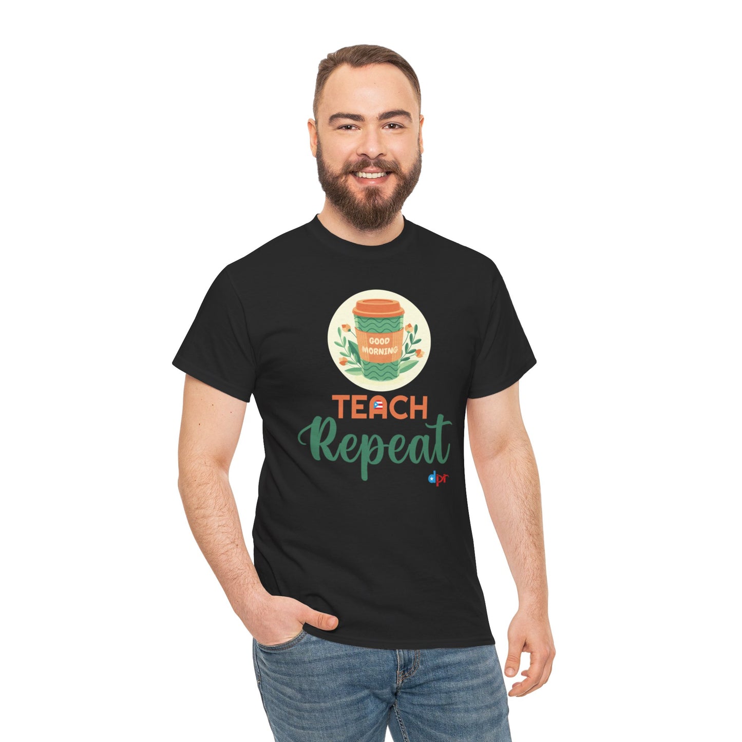 Coffee Teach Repeat - Back to School Boricua Teacher Heavy Cotton Tee