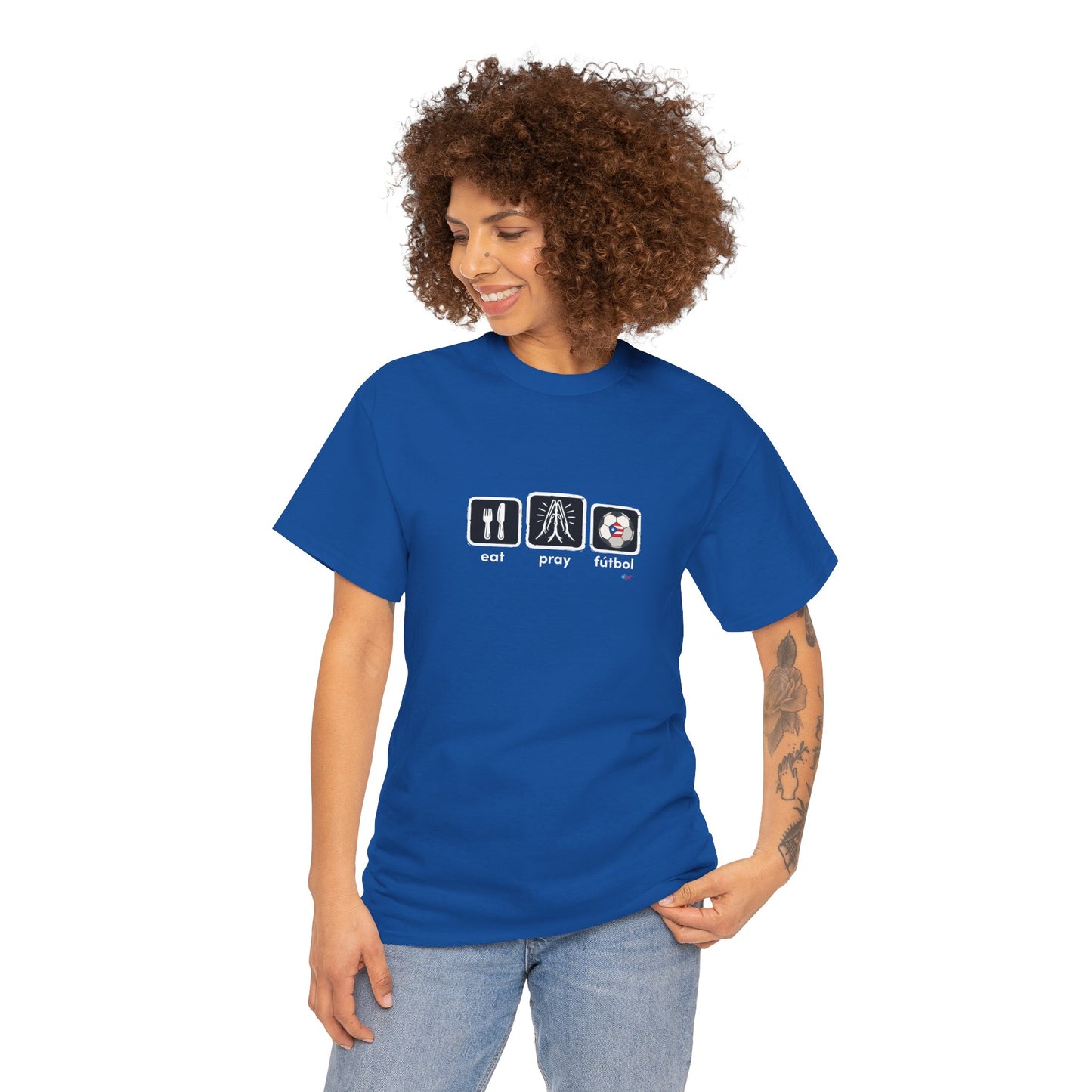 Eat Play Fútbol Graphic Tee | Puerto Rican Flag Soccer Shirt | Unisex Heavy Cotton T-Shirt