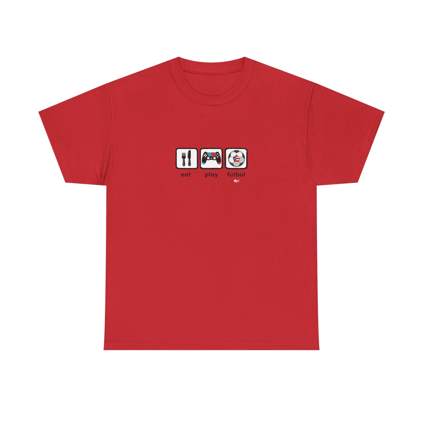 Eat Play Fútbol Graphic Tee | Puerto Rican Flag Soccer Shirt | Unisex Heavy Cotton T-Shirt