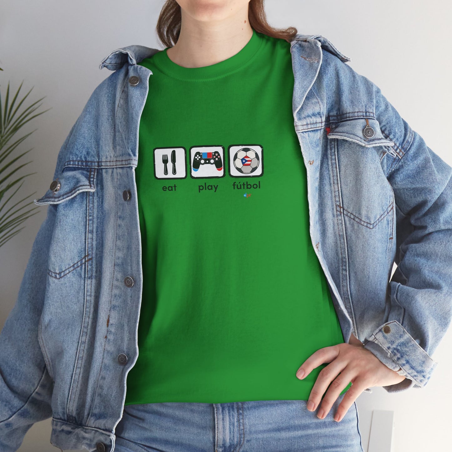 Eat Play Fútbol Graphic Tee | Puerto Rican Flag Soccer Shirt | Unisex Heavy Cotton T-Shirt