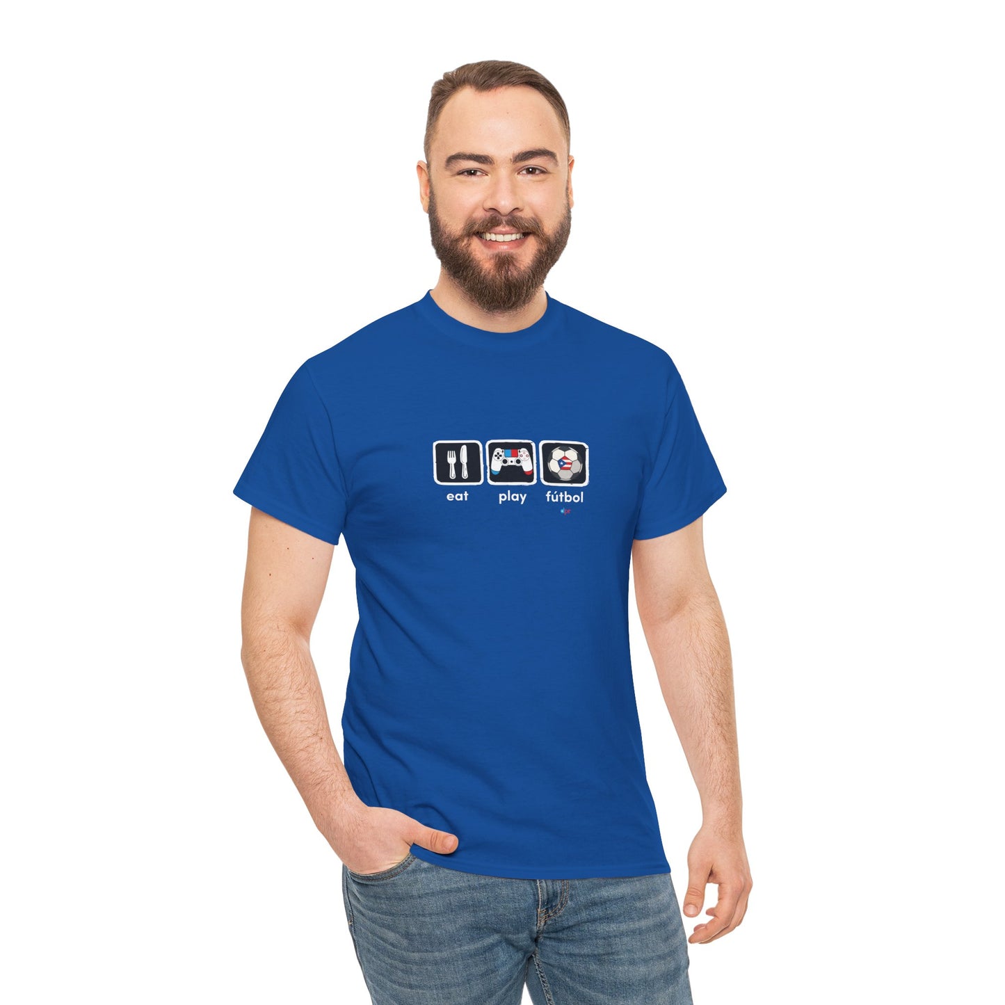 Eat Play Fútbol Graphic Tee | Puerto Rican Flag Soccer Shirt | Unisex Heavy Cotton T-Shirt