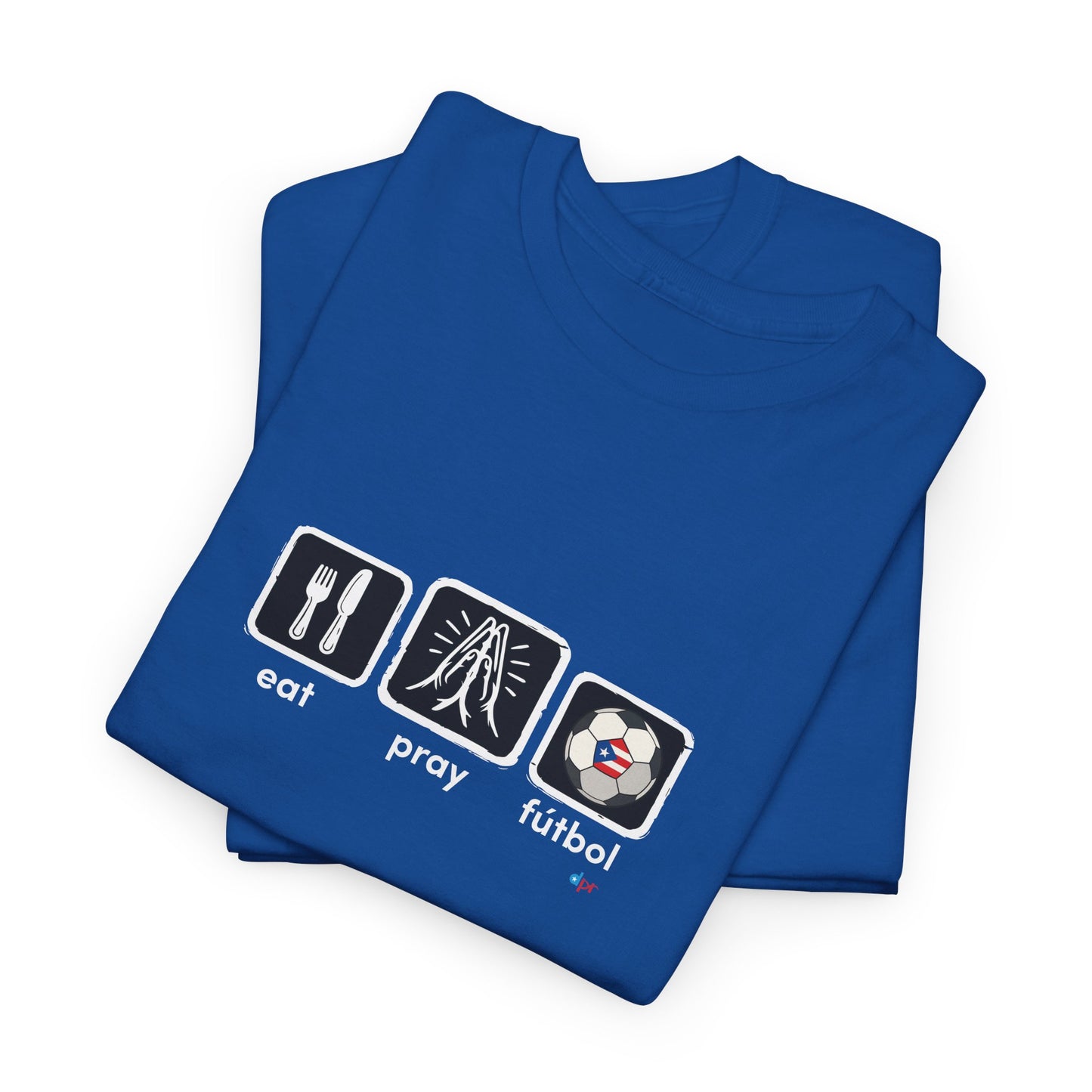 Eat Play Fútbol Graphic Tee | Puerto Rican Flag Soccer Shirt | Unisex Heavy Cotton T-Shirt