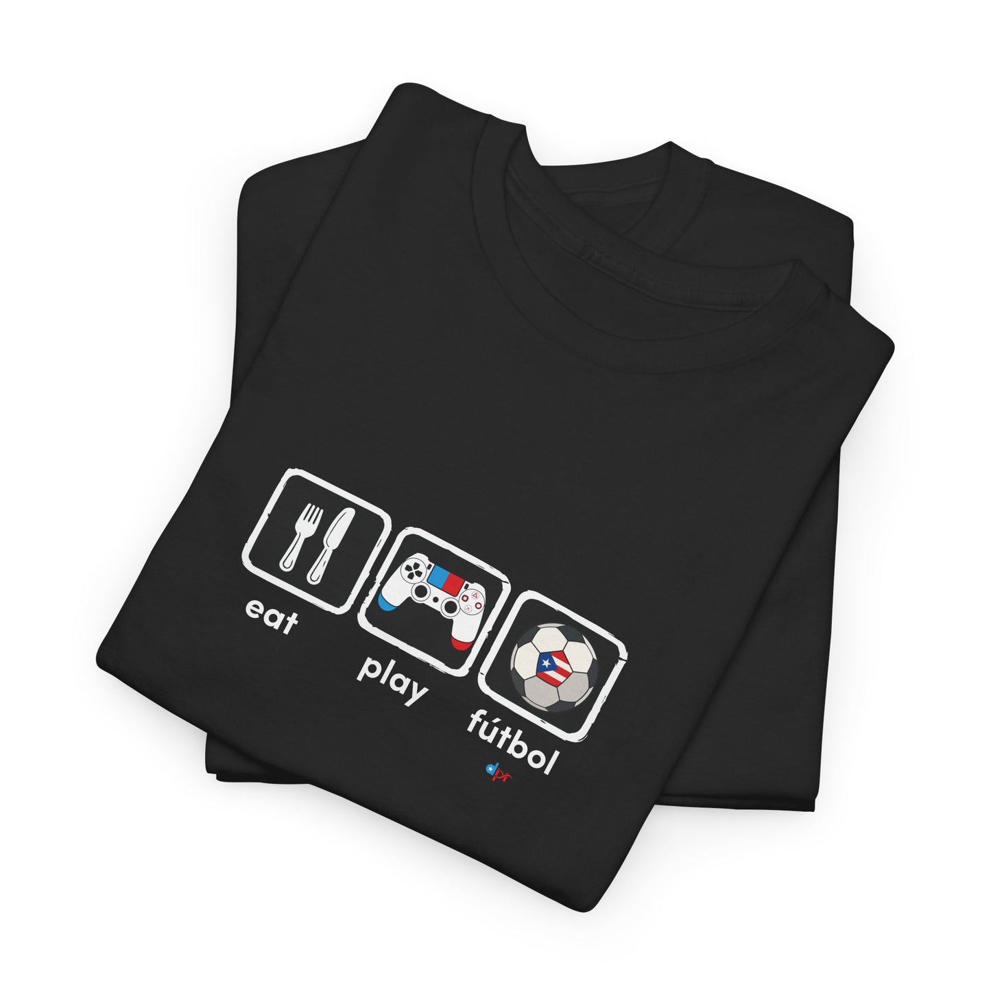 Eat Play Fútbol Graphic Tee | Puerto Rican Flag Soccer Shirt | Unisex Heavy Cotton T-Shirt