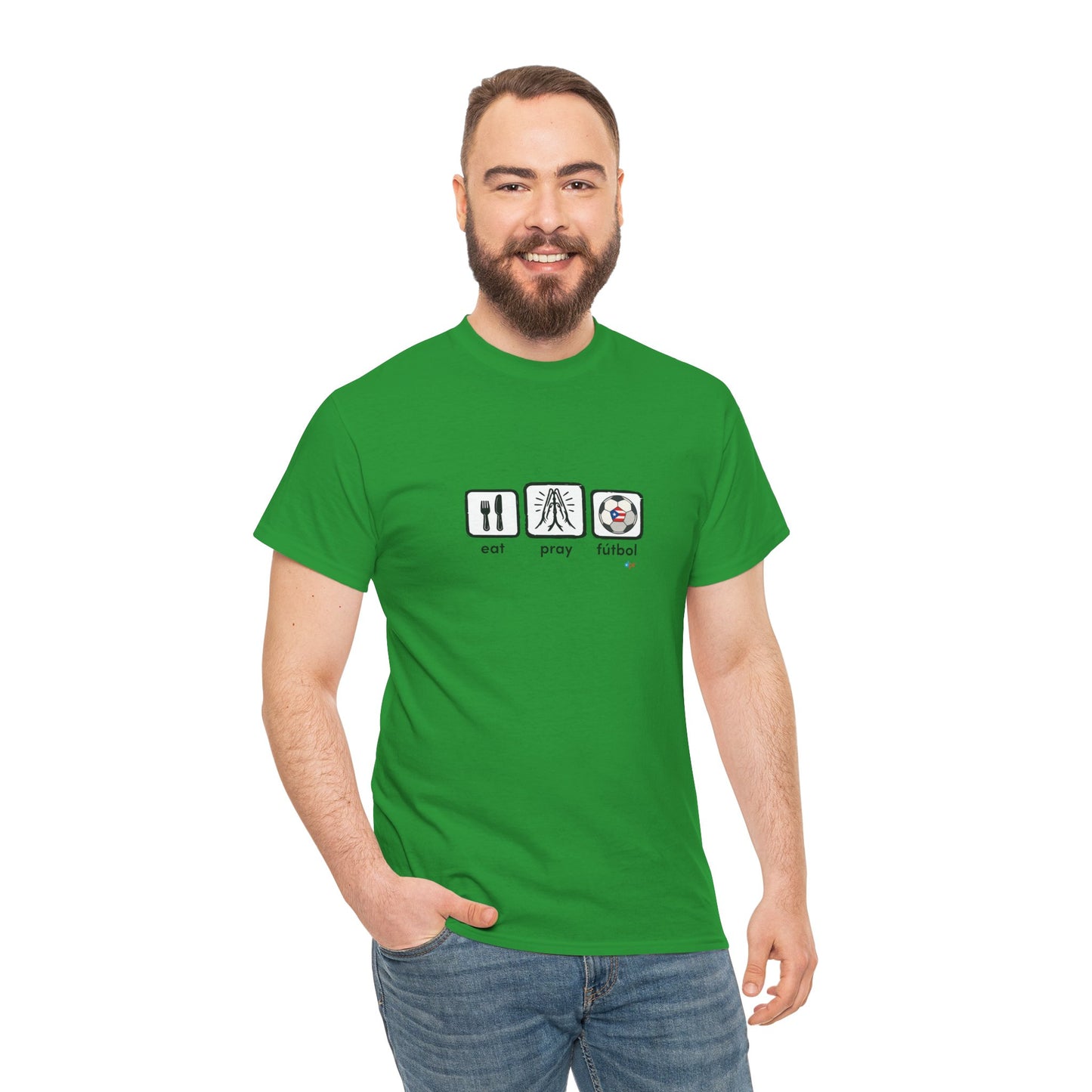 Eat Play Fútbol Graphic Tee | Puerto Rican Flag Soccer Shirt | Unisex Heavy Cotton T-Shirt