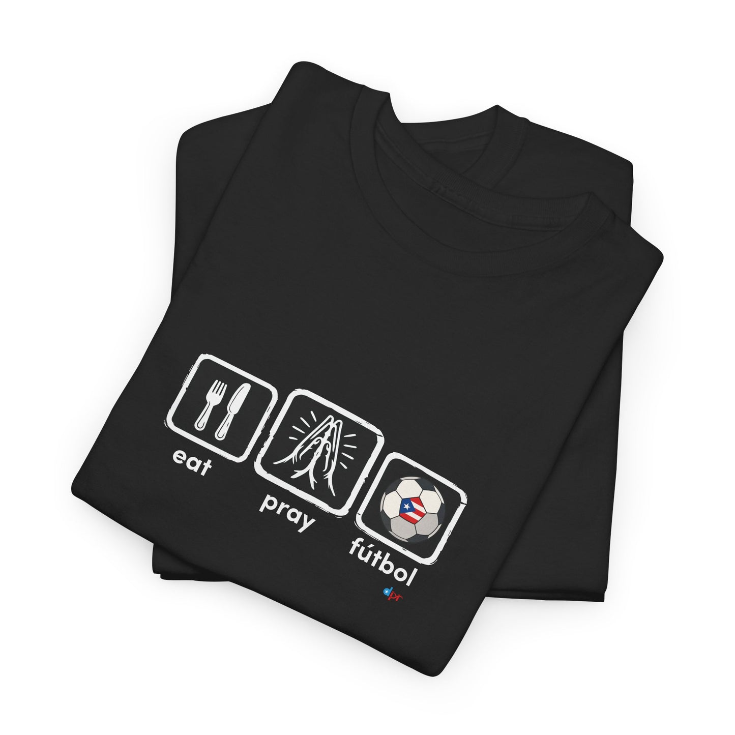 Eat Play Fútbol Graphic Tee | Puerto Rican Flag Soccer Shirt | Unisex Heavy Cotton T-Shirt