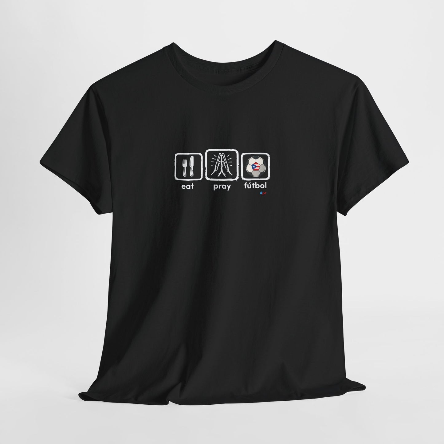 Eat Play Fútbol Graphic Tee | Puerto Rican Flag Soccer Shirt | Unisex Heavy Cotton T-Shirt