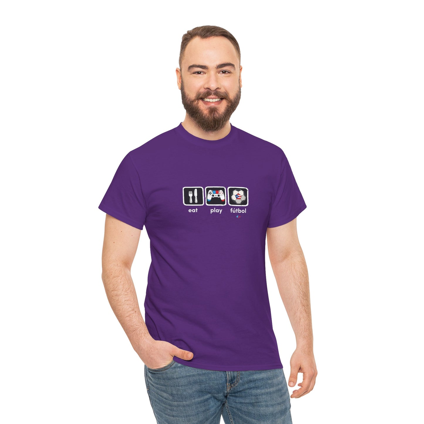 Eat Play Fútbol Graphic Tee | Puerto Rican Flag Soccer Shirt | Unisex Heavy Cotton T-Shirt