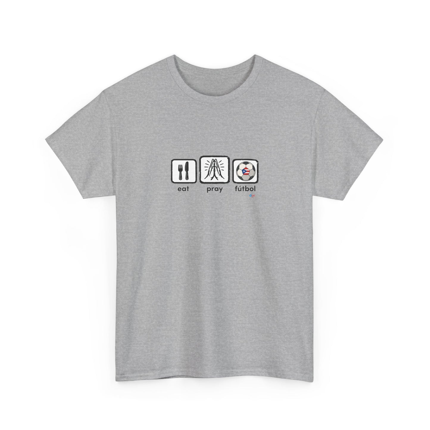 Eat Play Fútbol Graphic Tee | Puerto Rican Flag Soccer Shirt | Unisex Heavy Cotton T-Shirt