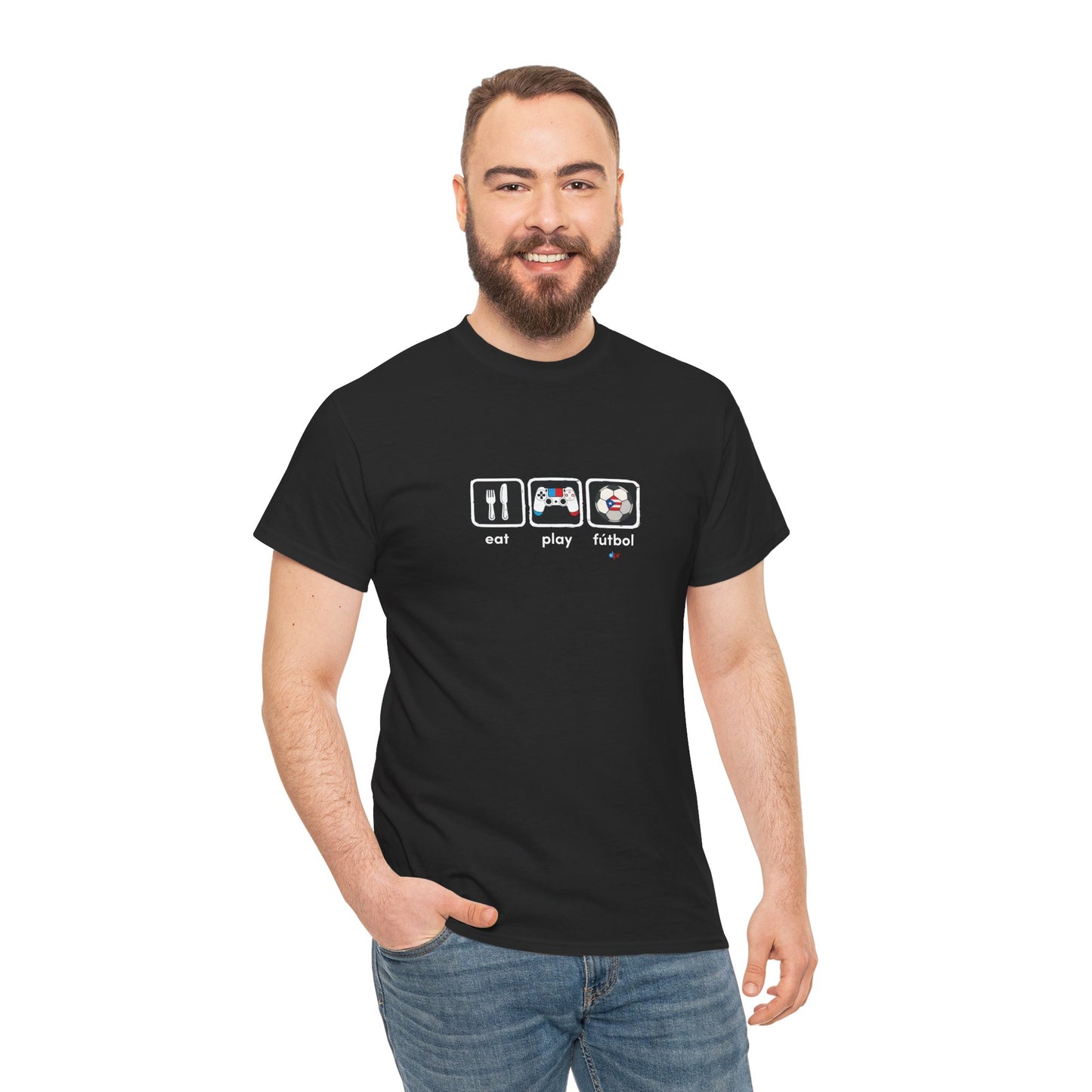 Eat Play Fútbol Graphic Tee | Puerto Rican Flag Soccer Shirt | Unisex Heavy Cotton T-Shirt