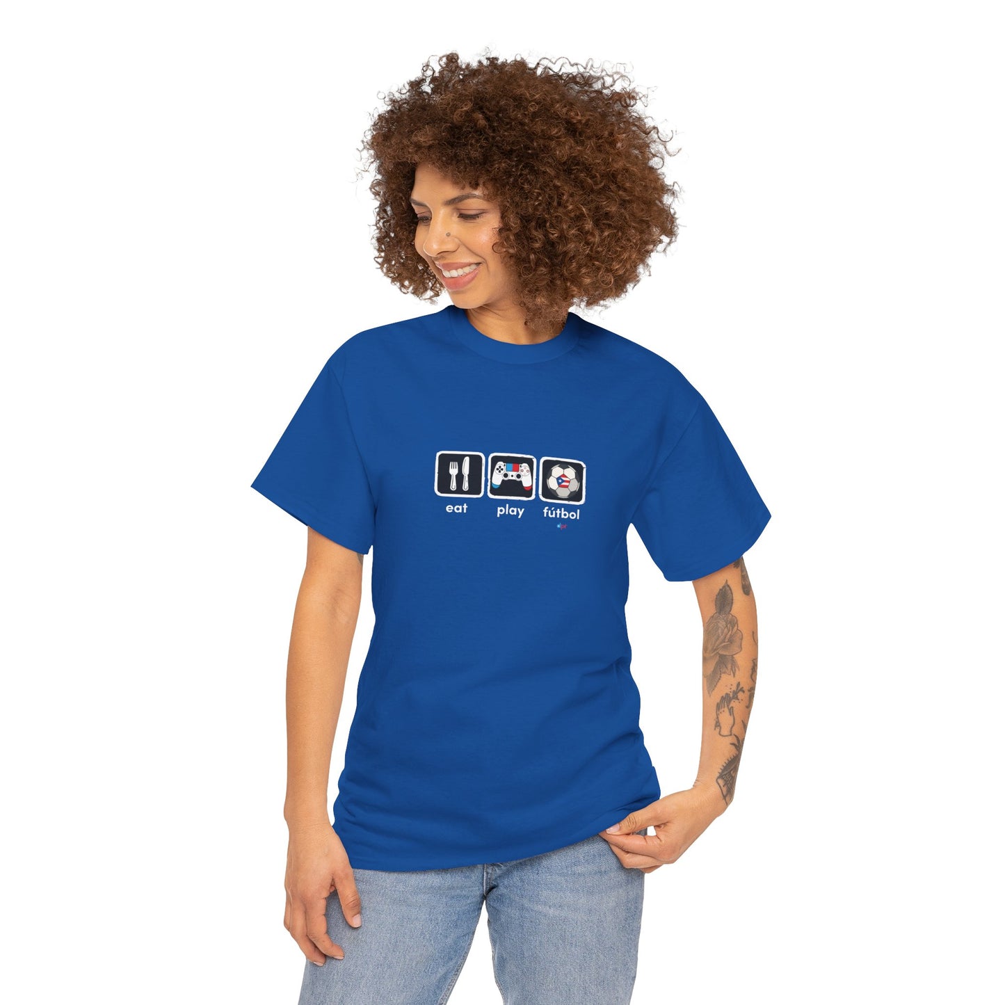 Eat Play Fútbol Graphic Tee | Puerto Rican Flag Soccer Shirt | Unisex Heavy Cotton T-Shirt