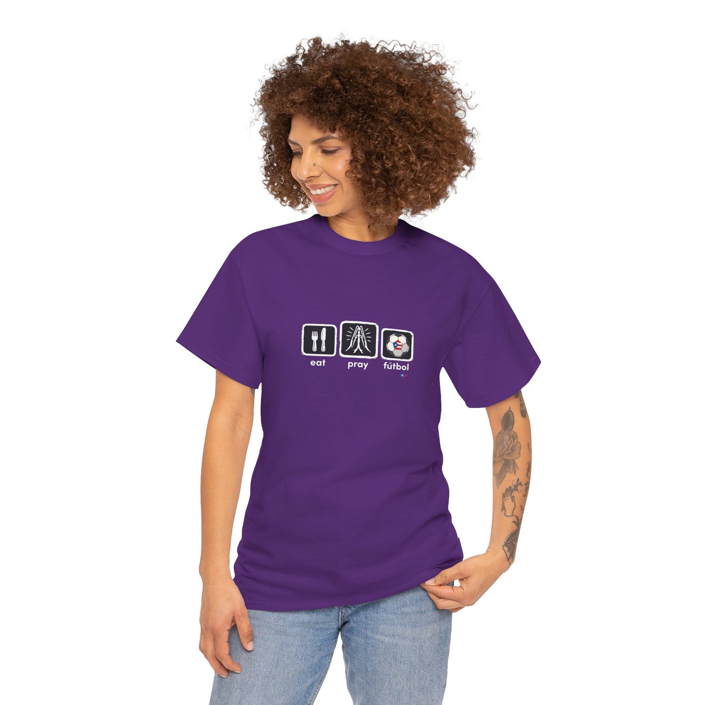 Eat Play Fútbol Graphic Tee | Puerto Rican Flag Soccer Shirt | Unisex Heavy Cotton T-Shirt