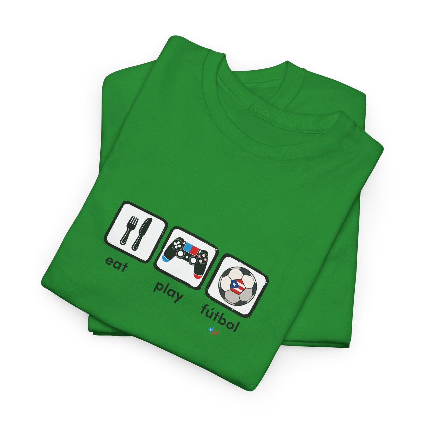 Eat Play Fútbol Graphic Tee | Puerto Rican Flag Soccer Shirt | Unisex Heavy Cotton T-Shirt