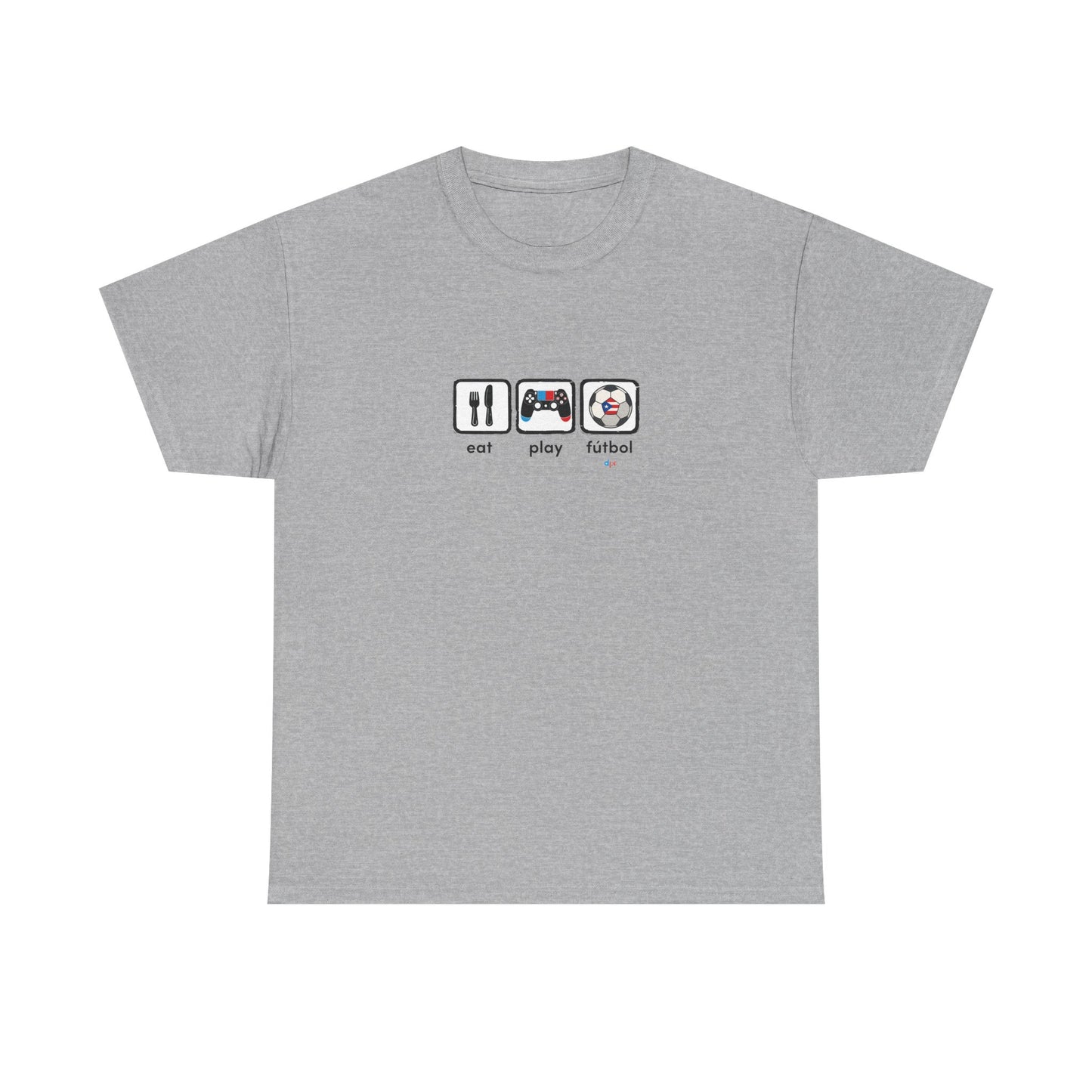 Eat Play Fútbol Graphic Tee | Puerto Rican Flag Soccer Shirt | Unisex Heavy Cotton T-Shirt