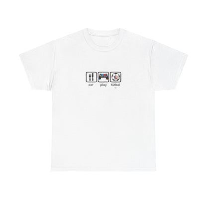 Eat Play Fútbol Graphic Tee | Puerto Rican Flag Soccer Shirt | Unisex Heavy Cotton T-Shirt