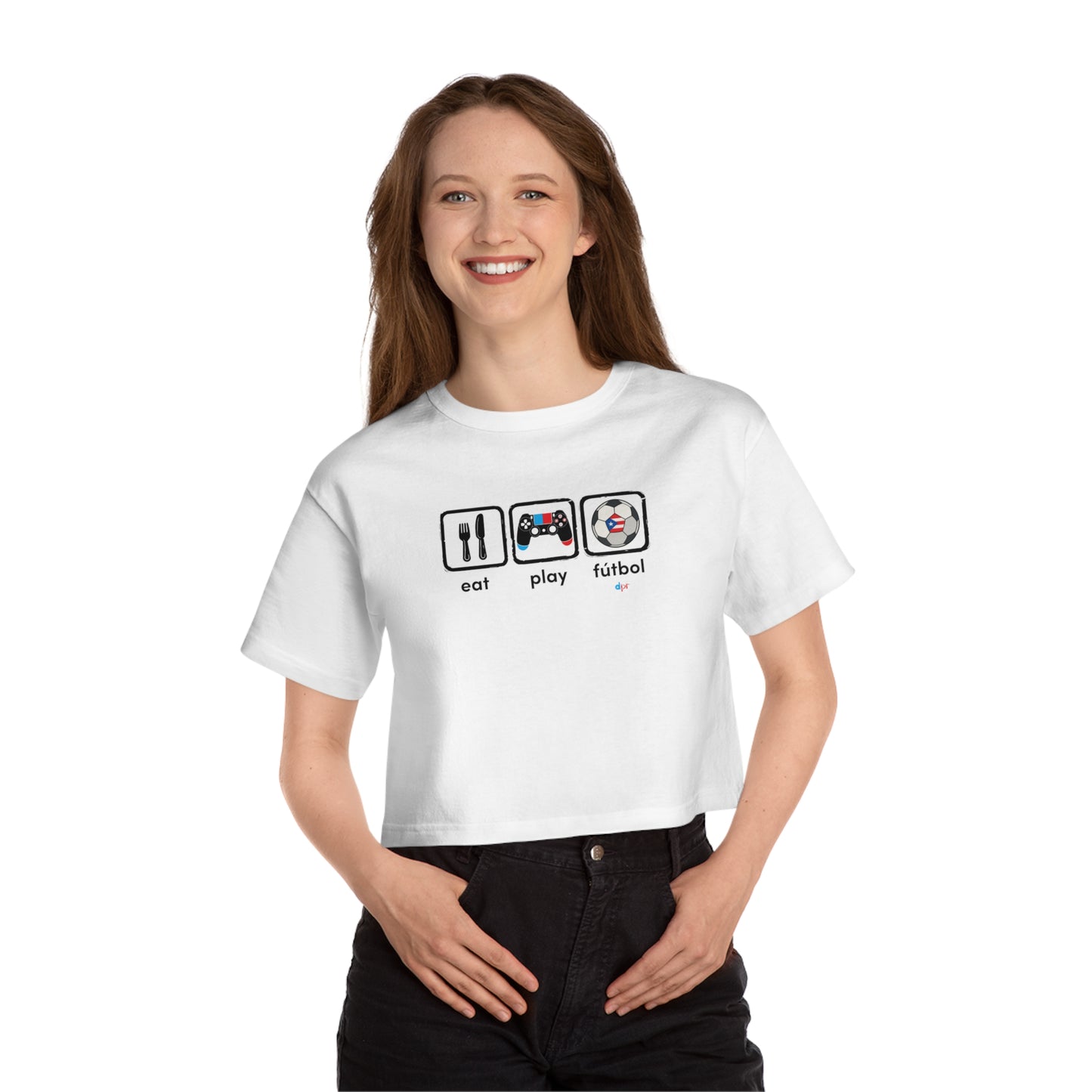 Eat Play Fútbol Graphic Tee | Puerto Rican Flag Soccer Flowy Cropped Tee