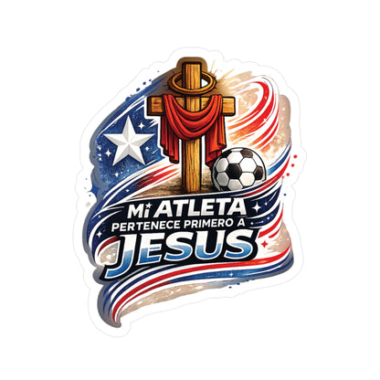 Mi Atleta Pertenece Primero a Jesús | Puerto Rico Faith Cross Soccer Ball Waterproof Kiss-Cut Vinyl Decal