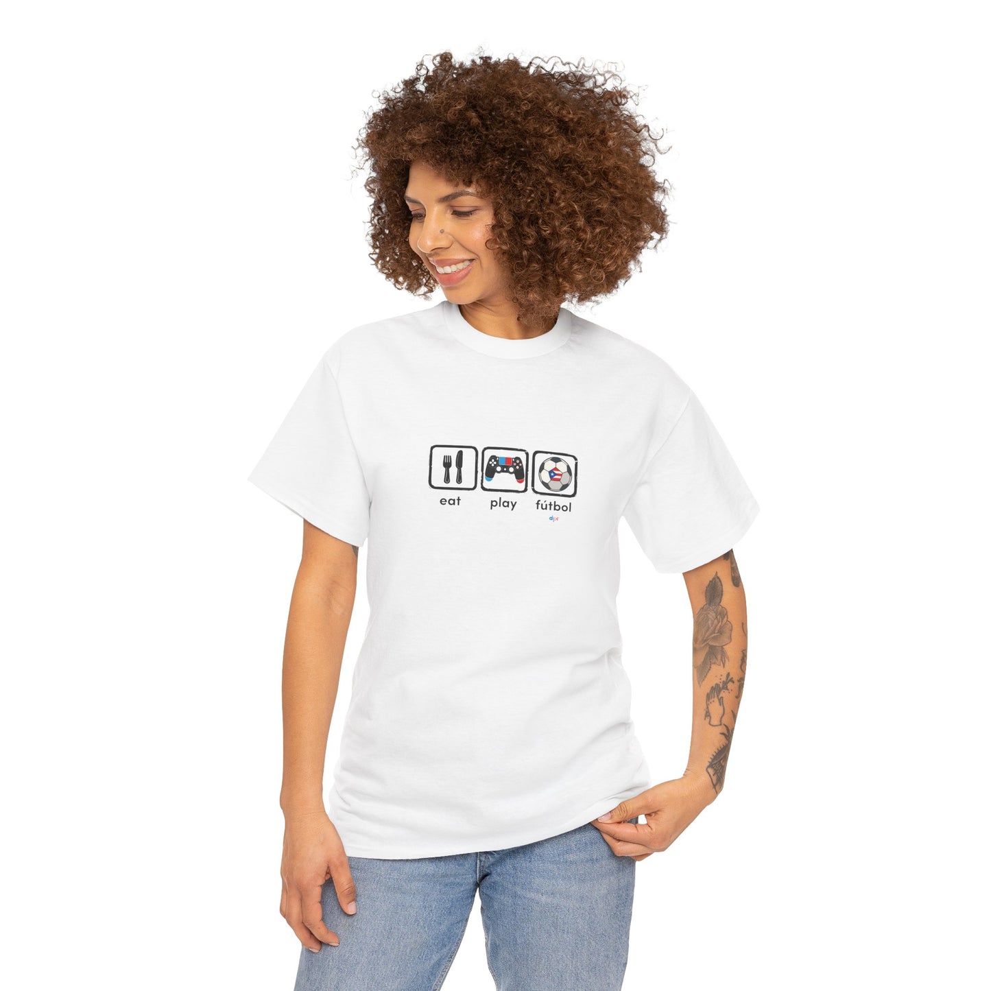 Eat Play Fútbol Graphic Tee | Puerto Rican Flag Soccer Shirt | Unisex Heavy Cotton T-Shirt