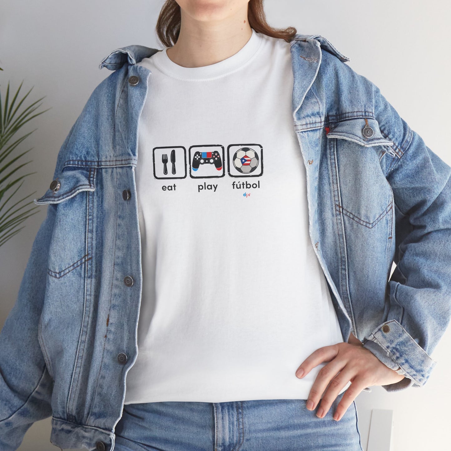 Eat Play Fútbol Graphic Tee | Puerto Rican Flag Soccer Shirt | Unisex Heavy Cotton T-Shirt